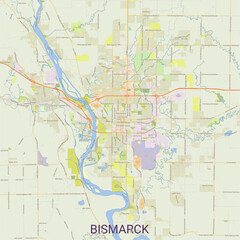 Naklejka premium Detailed geographic street map poster of Bismarck, North Dakota, highlighting the Missouri River, Mandan, Interstate 94, state capitol grounds, and urban road network.