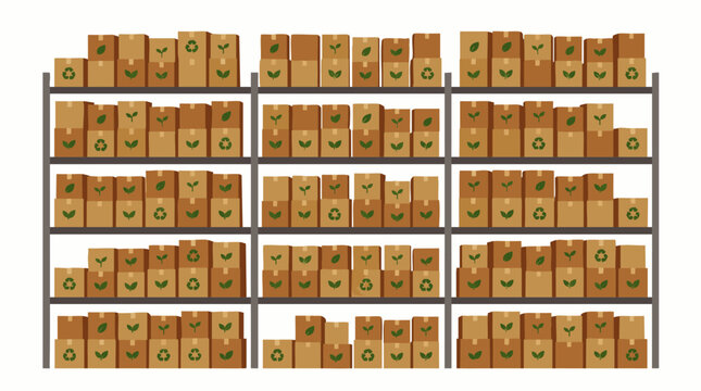 Organized cardboard boxes with green recycle symbols on warehouse storage shelves, concept for eco friendly inventory management, sustainable logistics and green supply chain operations