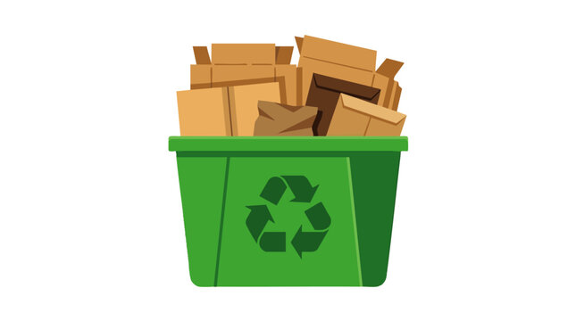Green recycling bin with cardboard boxes inside against white background, concept for environmental protection and sustainable waste management, eco friendly graphic design illustration