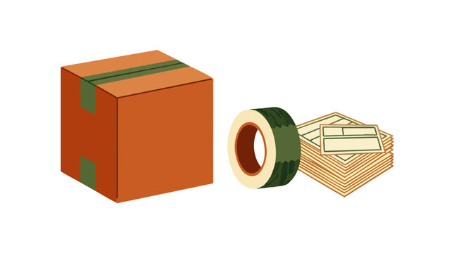 Brown cardboard box with tape roll and sticker labels, concept for e-commerce fulfillment and shipping, logistics service design and online store delivery promotion