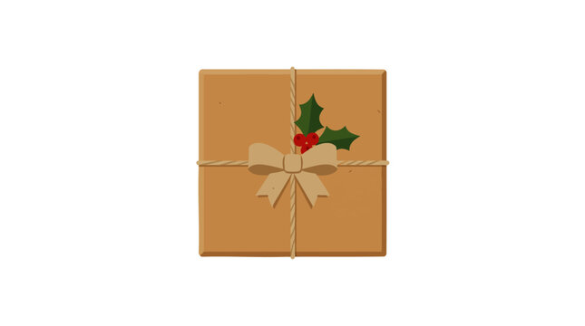 Simple kraft present box with festive holly berry decoration, concept for holiday gift wrapping, winter celebration greeting cards and online shopping marketing