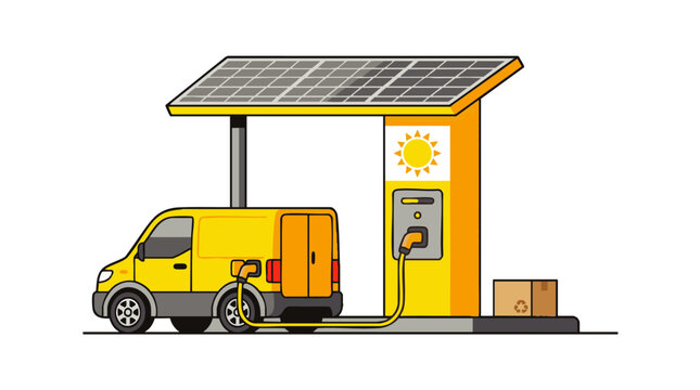 Modern electric vehicle charging station with solar panels for sustainable delivery van, concept for green energy logistics, eco friendly transport and smart city infrastructure