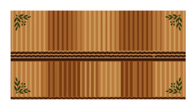 Natural woven bamboo mat with traditional botanical corner corners and geometric horizontal ribbon, concept for Asian dining table placemat, eco friendly kitchen decor and rustic product presentation