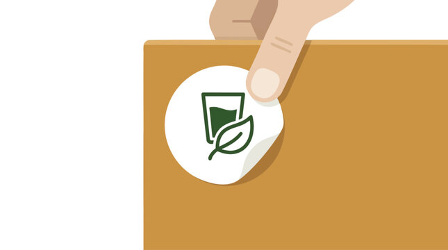 Eco sticker on cardboard with hand applying label, concept for sustainable packaging and green branding, corporate identity and product presentation design