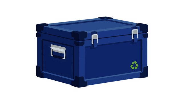Blue plastic storage box with metal latches and recycle symbol, concept for waste management and ecological organization, web banner and packaging design