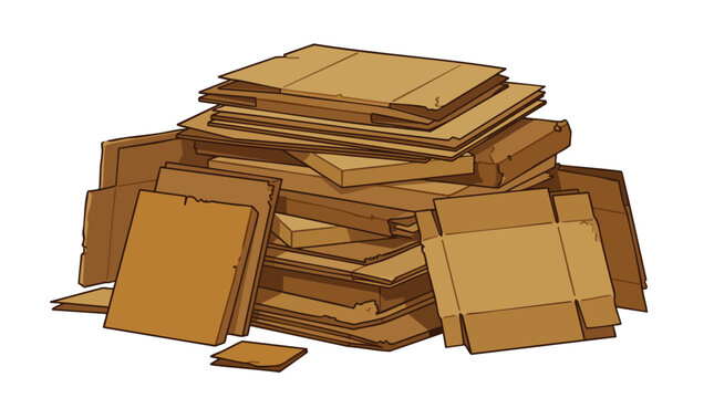 Messy cardboard pile with stacked brown paper boxes on a white background, concept for waste recycling, environmental protection and ecological sustainability