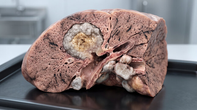 Cross section of a human lung showing a malignant tumor growth on a laboratory tray for medical study