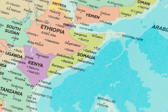 Close up view of somalia on a modern political world map