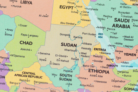 Close up view of sudan on a modern political world map