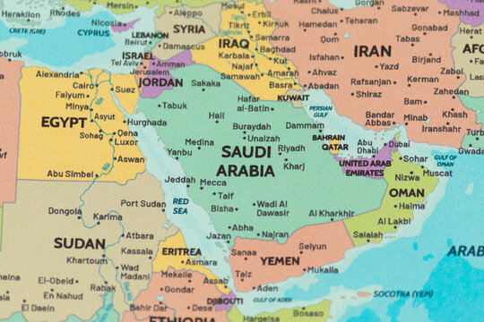 Close up view of saudi arabia on a modern political world map