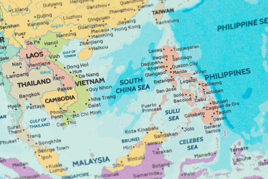 Close up view to the south china sea region into a modern political map