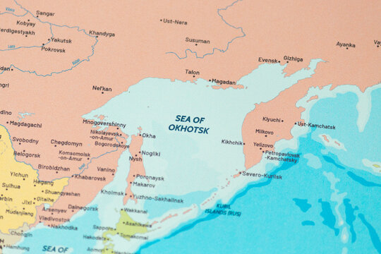 Close up view to the sea of okhotsk region into a modern political map