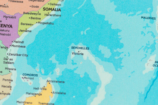 Close up view of seychelles on a modern political world map