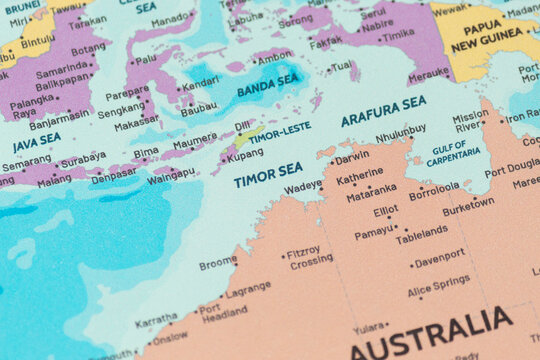 Close up view to the timor sea sea region into a modern political map