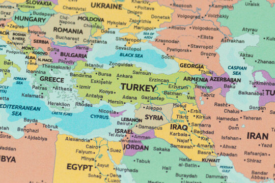 Close up view of turkey on a modern political world map