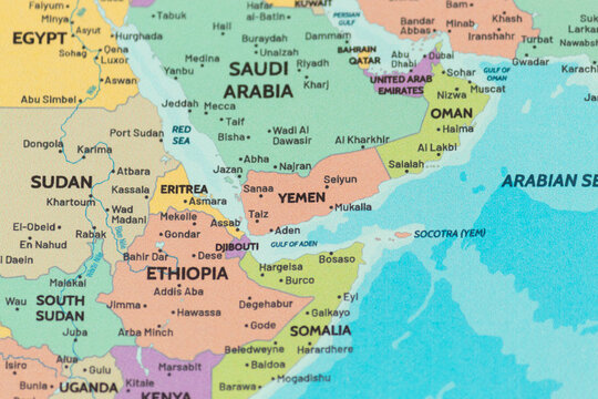Close up view of yemen on a modern political world map