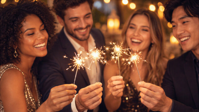 Four friends holding glowing lights at an evening party