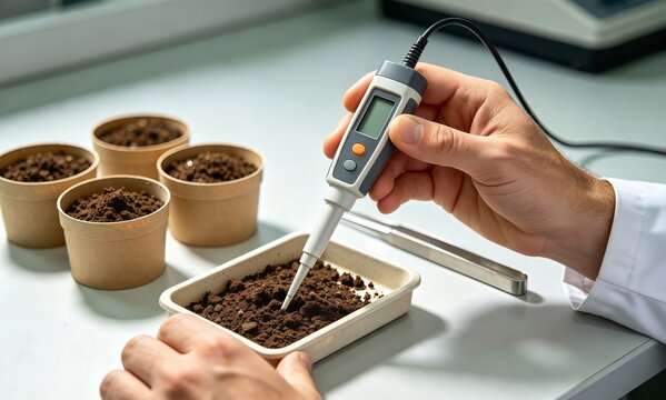 Hands measuring soil acidity with a digital pH probe during a scientific soil analysis and environmental research activity.
