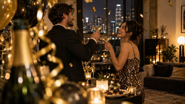 Man and woman toasting with champagne at a New Year candlelit dinner