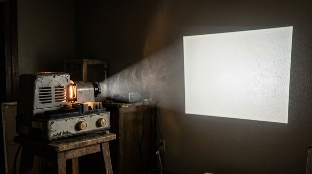 Vintage slide projector casting blank light on dark wall