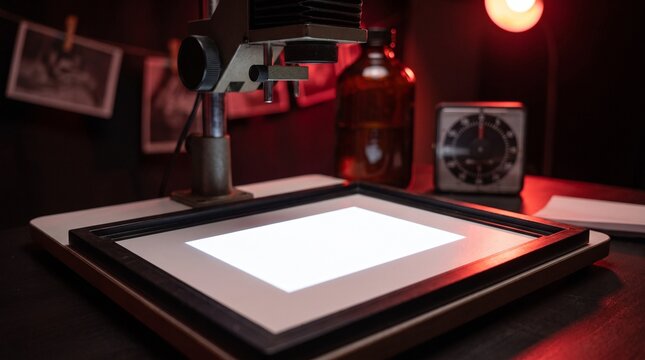 Blank photo paper glowing under enlarger in vintage darkroom