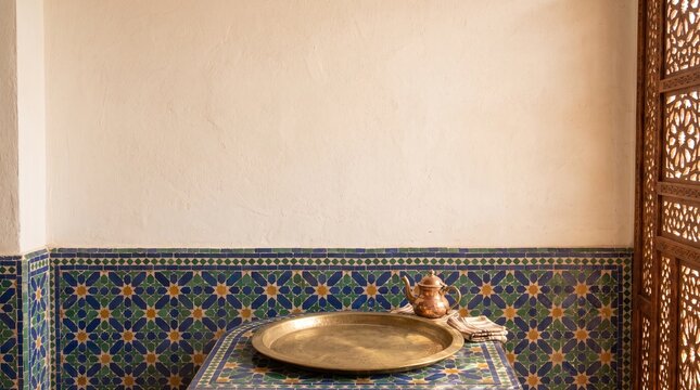 Moroccan riad interior with tiled wall and empty brass tray