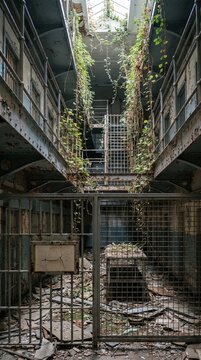 Blank sign in abandoned prison overgrown with green vines