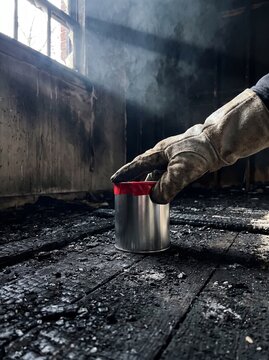 Gloved hand sealing metal evidence can at fire scene