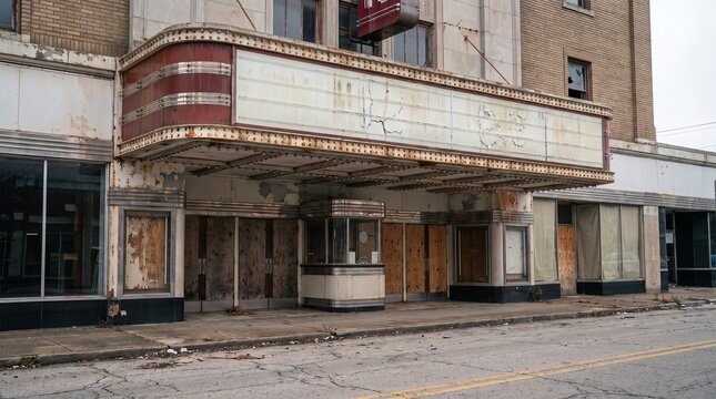 Blank rusted marquee on abandoned cinema facade in daylight