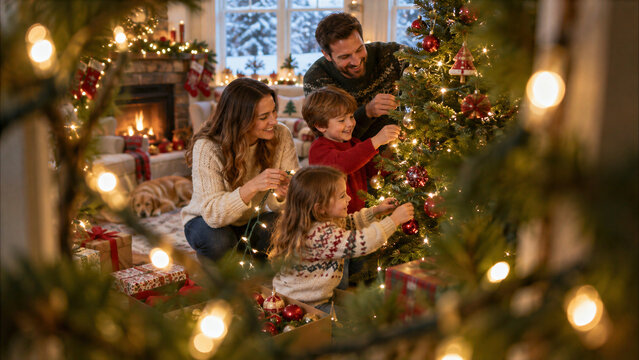 Family decorating a Christmas tree together at home