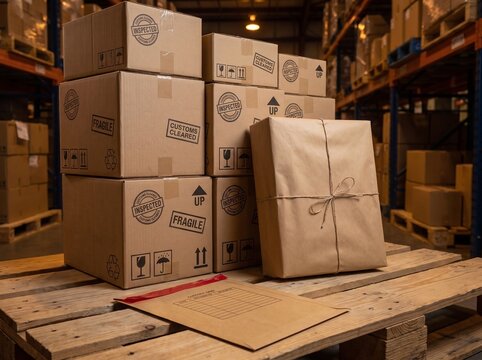 Cardboard boxes on pallet with sealed evidence envelope in warehouse