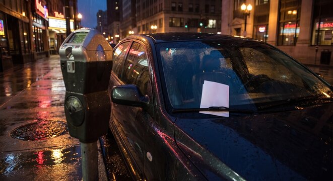 Blank ticket under wiper of car on rainy neon city street