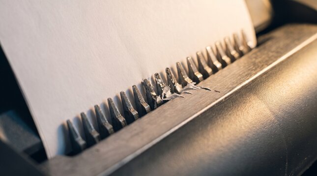 Macro of shredder blades cutting a blank white sheet