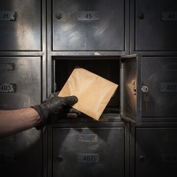 Gloved hand placing kraft envelope into steel locker