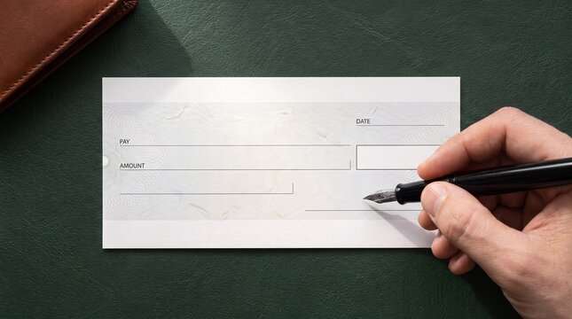 Hand about to sign a blank cheque with fountain pen