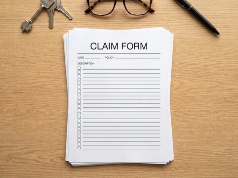 Stack of blank claim forms on desk with glasses and pen
