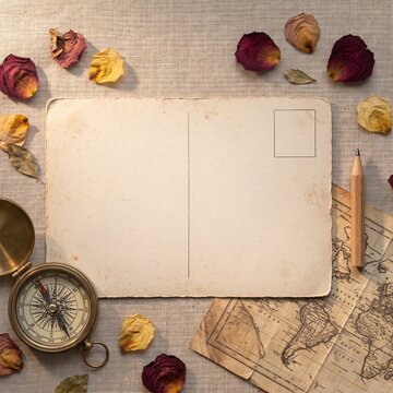Blank postcard with compass old map and dried rose petals