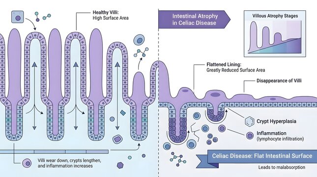 Medical diagram showing intestinal villi atrophy and flat intestinal lining in celiac disease.