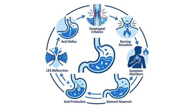 Medical infographic illustrating the cycle and symptoms of acid reflux and heartburn.