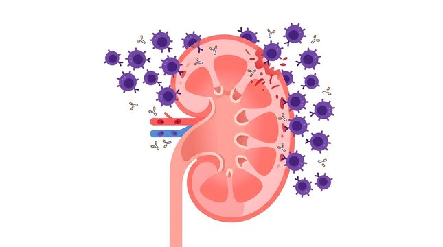 Medical illustration showing immune system antibodies and virus cells attacking a human kidney organ section.