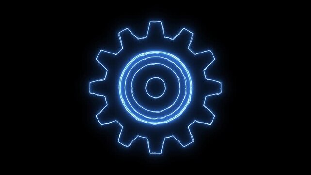 Gear cogwheel neon glowing settings icon engine loop animation motion options automation technical mechanics isolated dark background