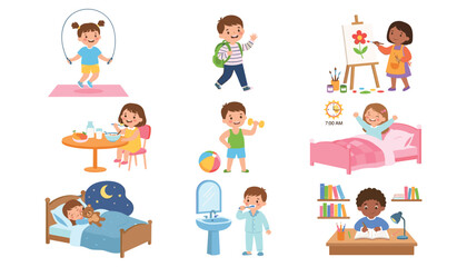 Fototapeta premium Cute kids daily routine vector set showing sleeping waking up eating brushing teeth drawing reading and playing activities