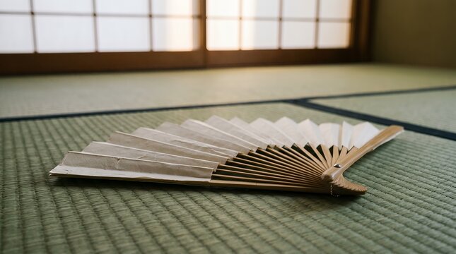 Traditional Japanese Folding Fan Resting on Tatami Mat in a Peaceful Washitsu