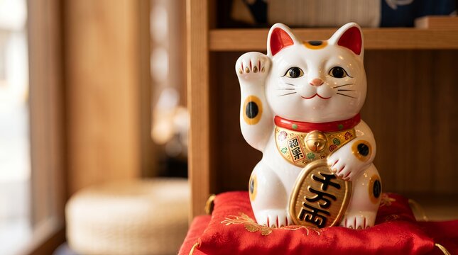 Traditional Japanese Maneki Neko Cat Inviting Good Fortune and Prosperity