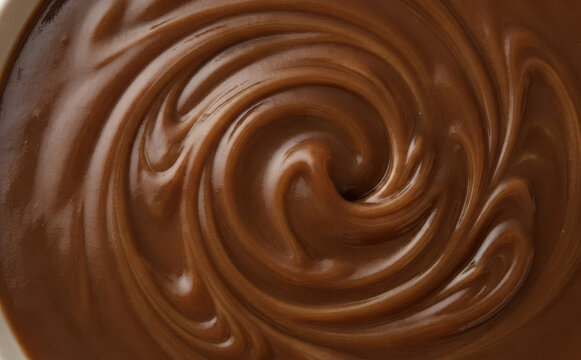 Rich creamy chocolate pudding swirl background texture closeup for sweet dessert food design and confectionery concepts