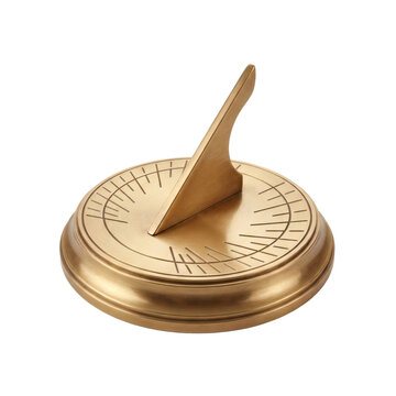 An antique-style brass sundial with a pointed gnomon and etched markings on a circular base, symbolizing time and measurement.