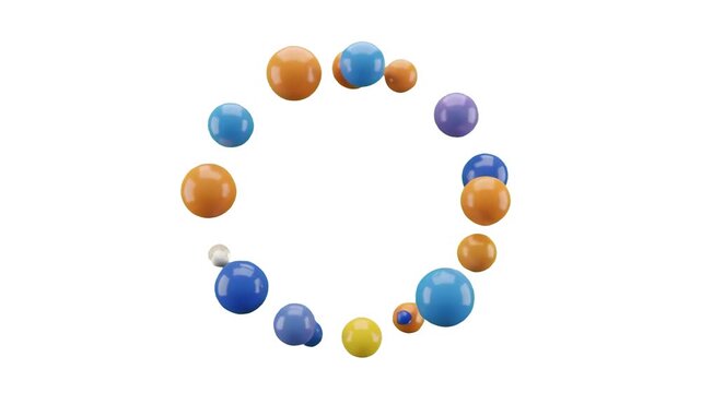 A smooth 3D animated ring or circle frame composed of floating multi-colored glossy spheres rotating on an isolated white background. Great for logo reveals, circular borders, photo frames, festive pr