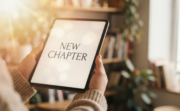 Woman holding digital tablet with new chapter text on screen, representing fresh start, personal growth, and new beginnings in a cozy home setting