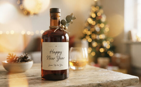 Happy New Year festive liquor bottle with greeting label on wooden table with holiday lights and Christmas tree background