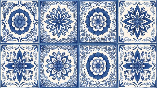 Talavera Mexican ceramic tile seamless pattern in cobalt blue and white folk art design. Traditional Puebla pottery pattern for textile and wallpaper design.